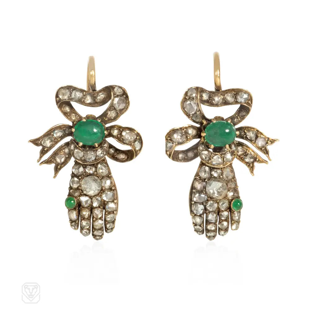 Ladies multi-stone earrings-1820s emerald, gold, and diamond hand-shaped earrings