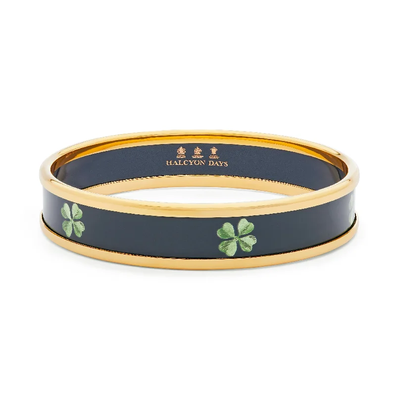 Ladies silver charm bracelets-Four Leaf Clover Navy & Gold Enamel Bangle