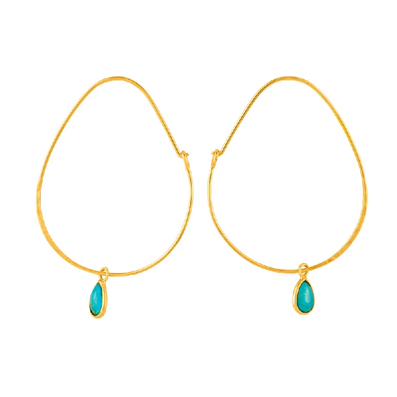 Ladies teardrop earrings-Oval Turquoise Hoops in Gold - 2 1/8" L