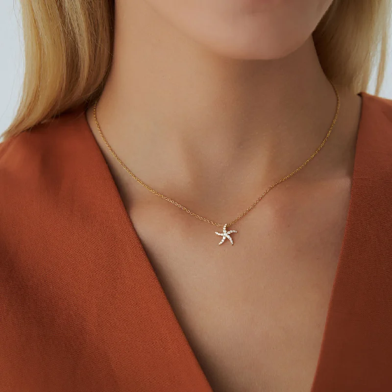 Ladies wedding necklaces-18K Gold Starfish Diamond Necklace