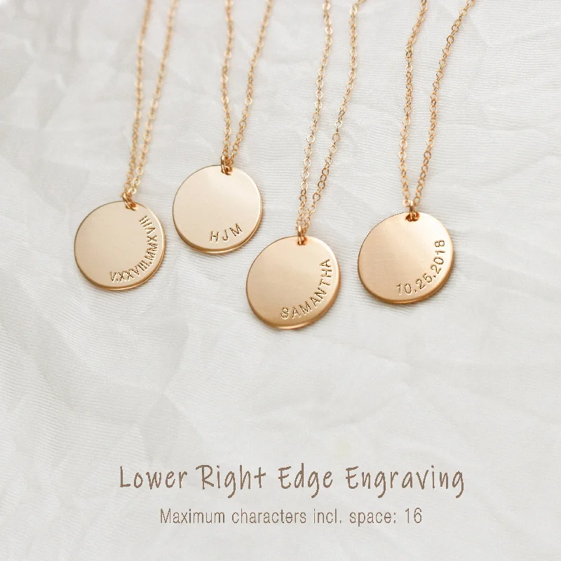 Ladies luxury platinum necklaces-Personalized Large Disk Necklace, Custom Inscription With Name, Initial, Date, Roman Numeral, Unisex, Gold Filled, Silver • NDV16-07