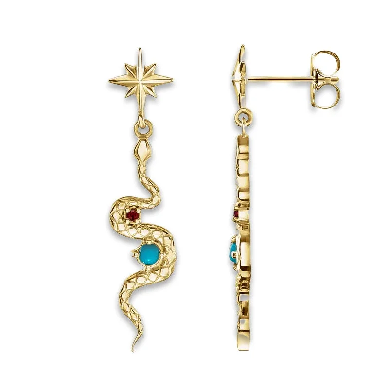 Ladies multi-colored earrings-Natural Turquoise & Ruby Snake 14K Gold Earrings