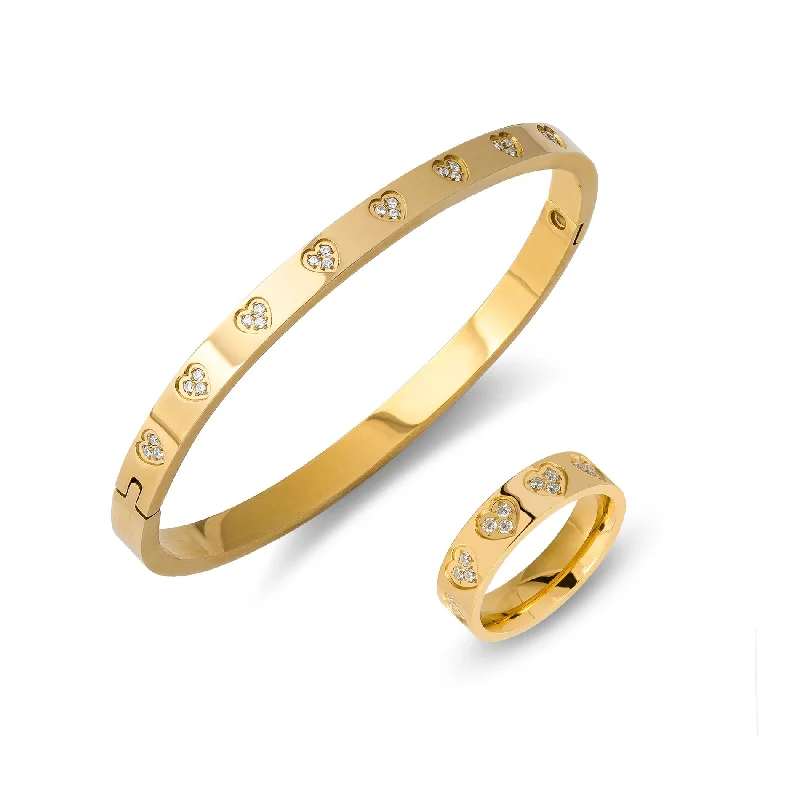 Ladies delicate bracelets-Zirconia hearts bangle & ring gold