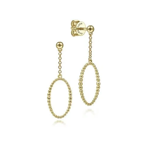 Ladies gold pearl earrings-14K Yellow Gold Long Bujukan Oval Drop Earrings