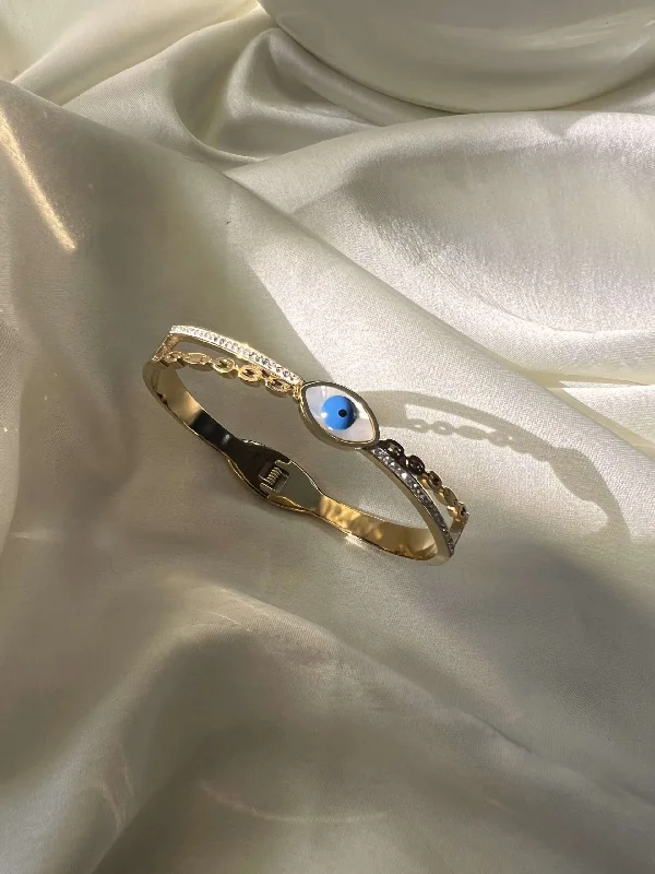 Ladies large bangle bracelets-White shell evil eye bangle