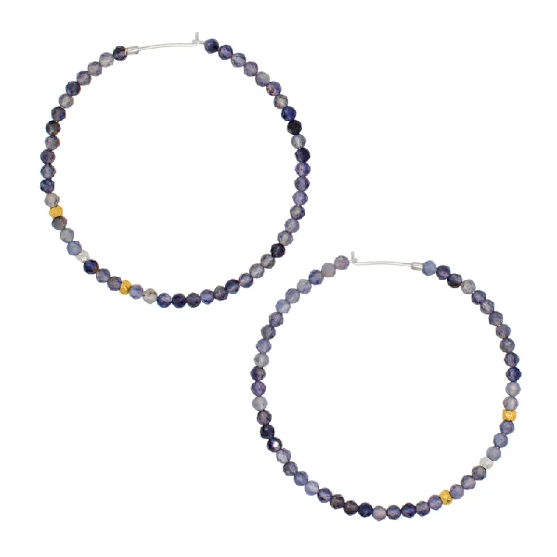 Ladies luxurious diamond earrings-She's Got Stones Sleeper Hoops in Iolite - 2"