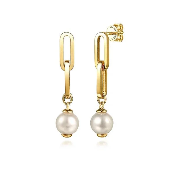 Ladies lightweight earrings-14K Yellow Gold Pearl Stud Drop Link Earrings