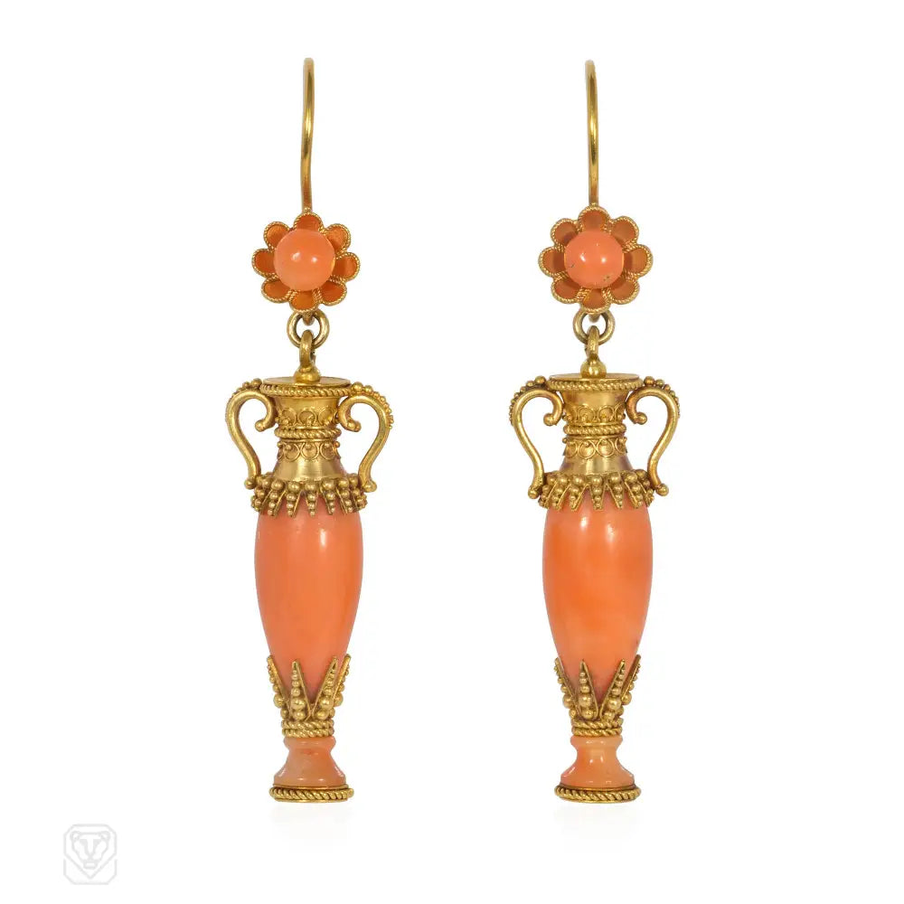 Ladies geometric earrings-Victorian gold and coral Etruscan Revival urn earrings