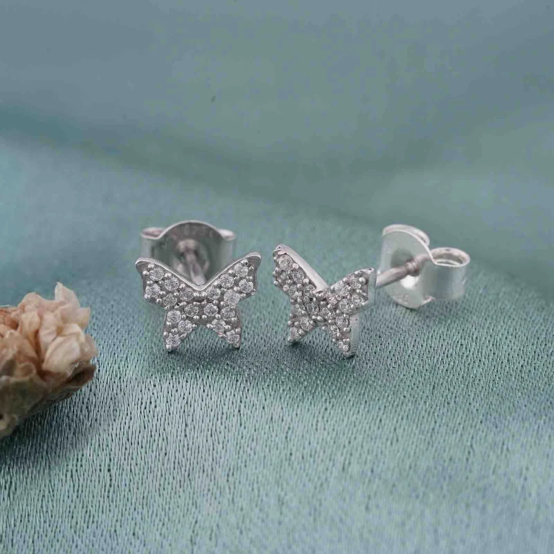 Ladies bridal earrings-Silver Zircon Butterfly Studs