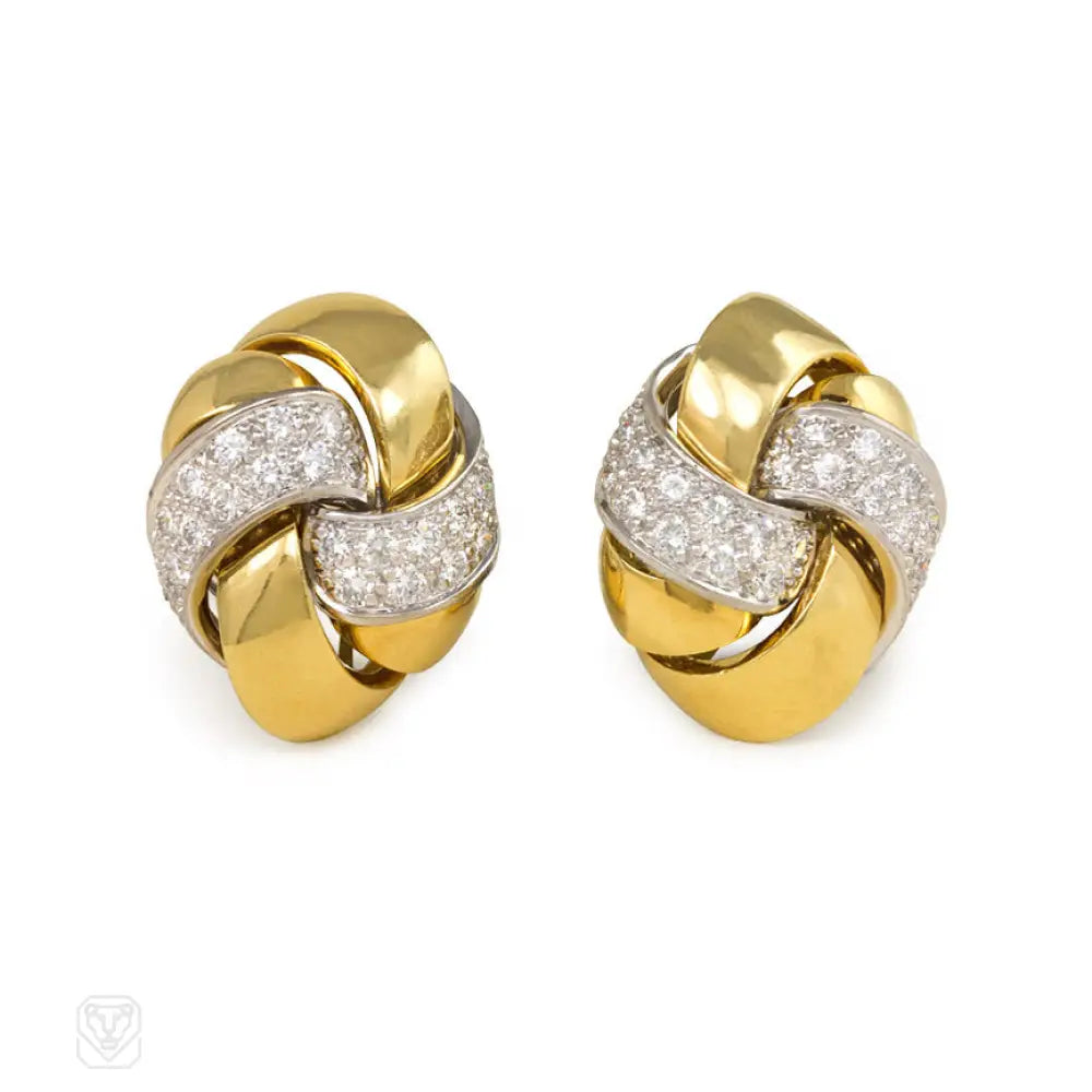 Ladies tassel earrings-Two-color gold and diamond knot design earrings, Emil Meister