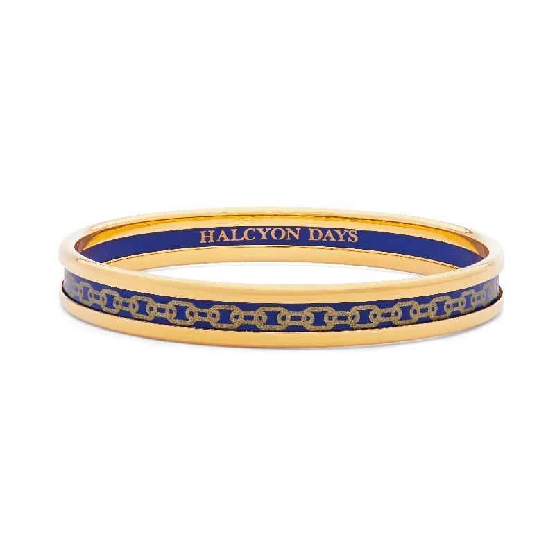 Ladies silver charm bangles-Skinny Chain Deep Cobalt & Gold Enamel Bangle