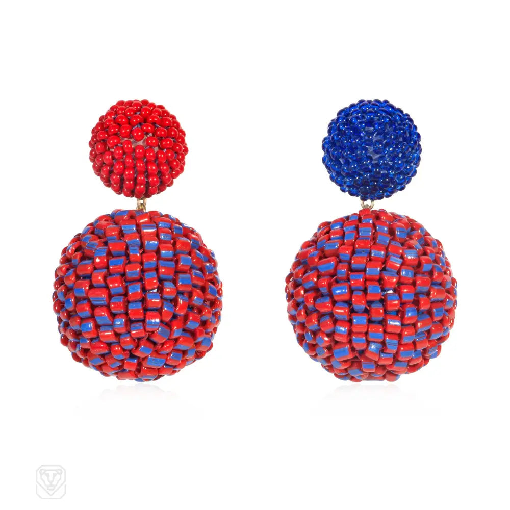 Ladies minimalist earrings-Red and blue mismatched hand beaded ball earrings