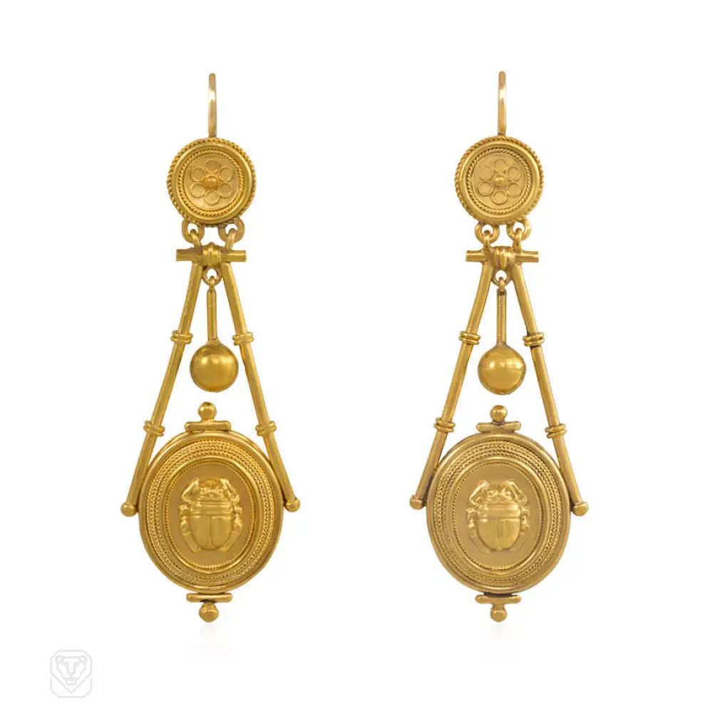 Ladies leaf earrings-Antique Etruscan revival scarab earrings