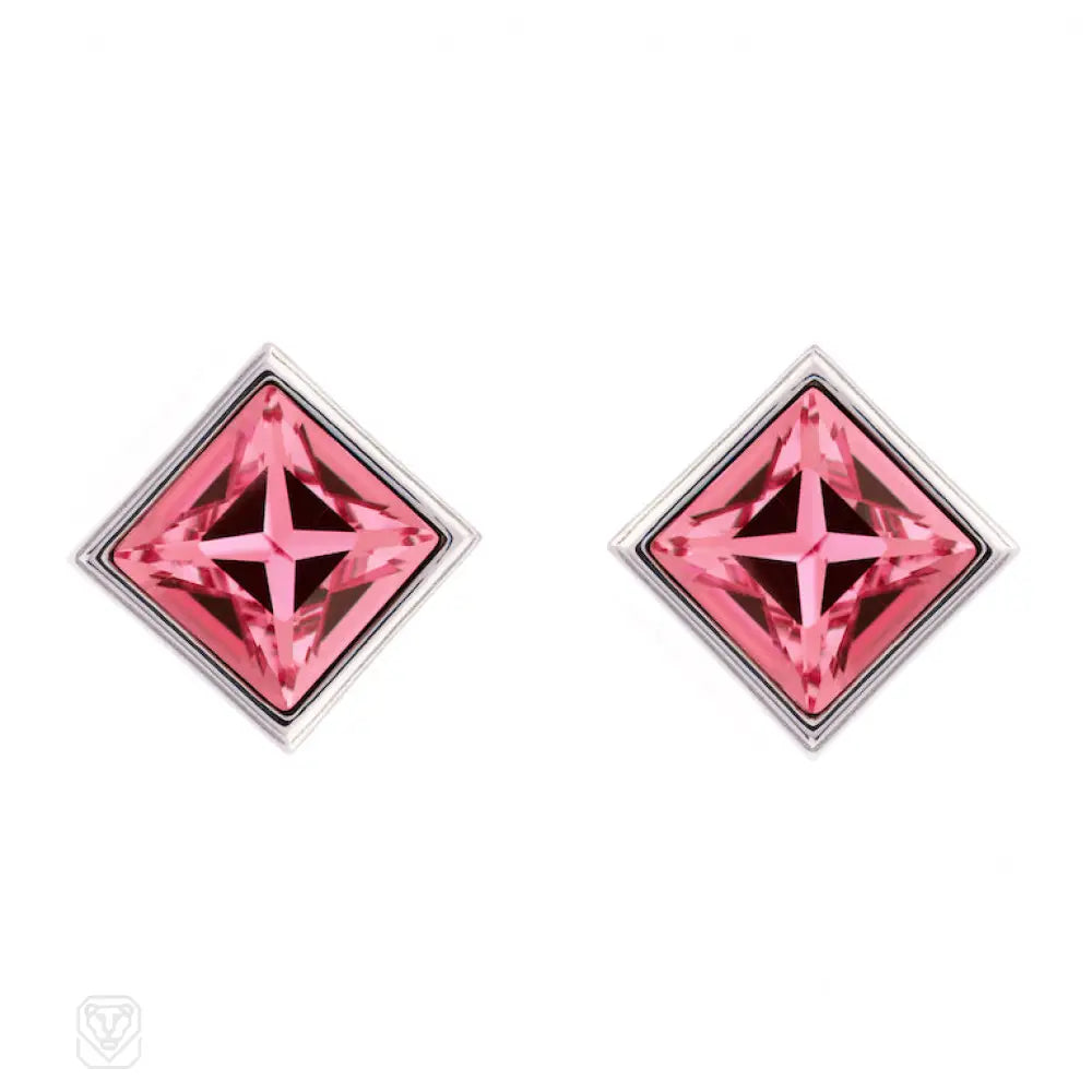 Ladies cute stud earrings-Swarovski pink square-cut crystal earrings