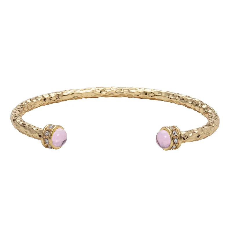 Ladies gemstone bangles-Hammered Torque Rose Quartz & Gold Bangle