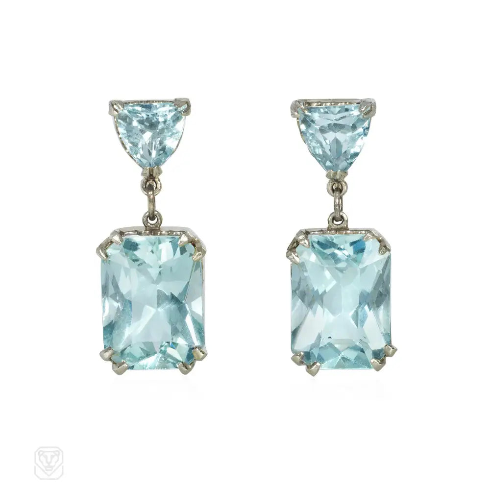 Ladies geometric earrings-Retro aquamarine pendant earrings