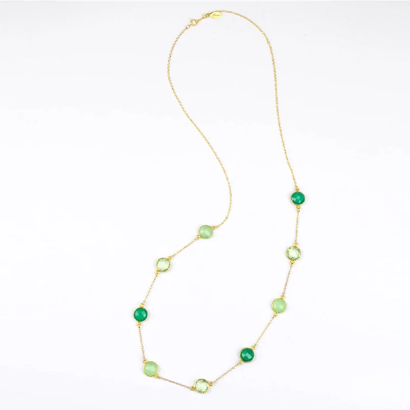 Ladies beaded necklaces-Long Green Onyx, Green Chalcedony, Green Amethyst bezel station necklace