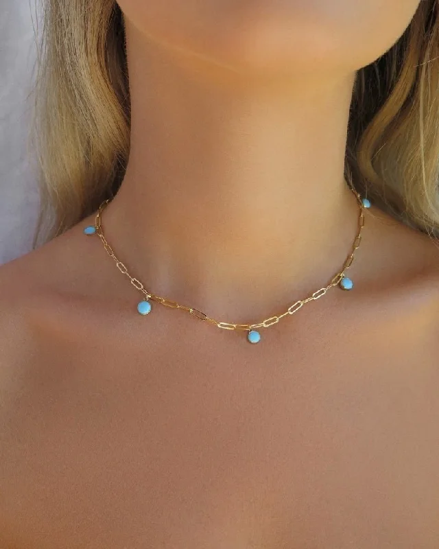 Ladies meaningful necklaces-Five Turquoise Thick Drawn Cable Chain Necklace  - 14k Yellow Gold Fill