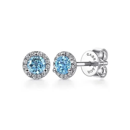 Ladies pearl and gold earrings-14K White Gold Diamond Halo Swiss Blue Topaz Stud Earrings