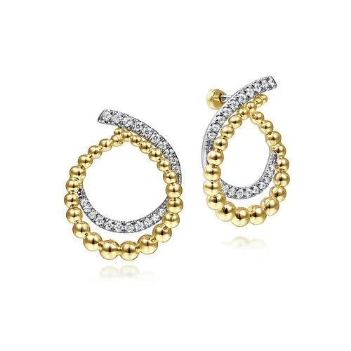 Ladies wedding earrings-14K Yellow Gold Bujukan Open Double Row Ball and Diamond Bypass Hoop Earrings