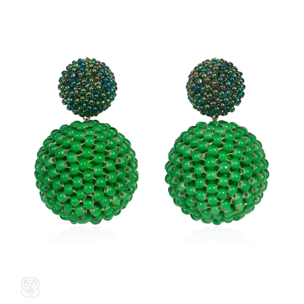 Ladies luxury earrings-Handmade double ball green glass beaded earrings