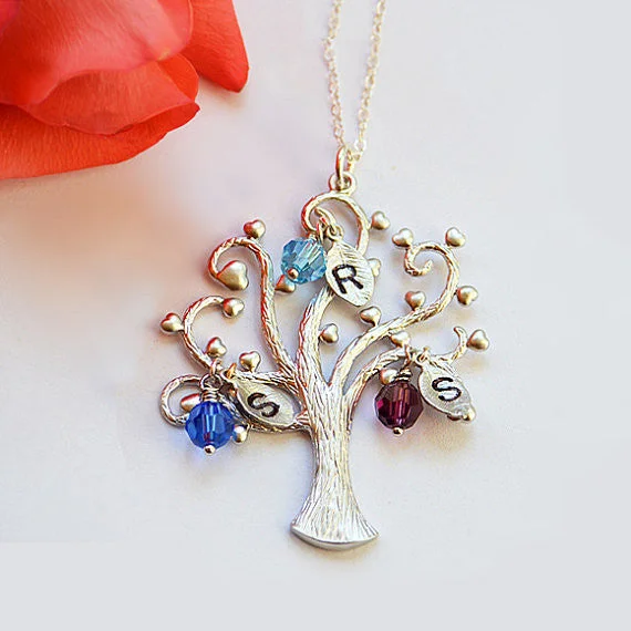 Ladies vintage necklaces-Personalized Custom birthstone charms Family Tree Necklace