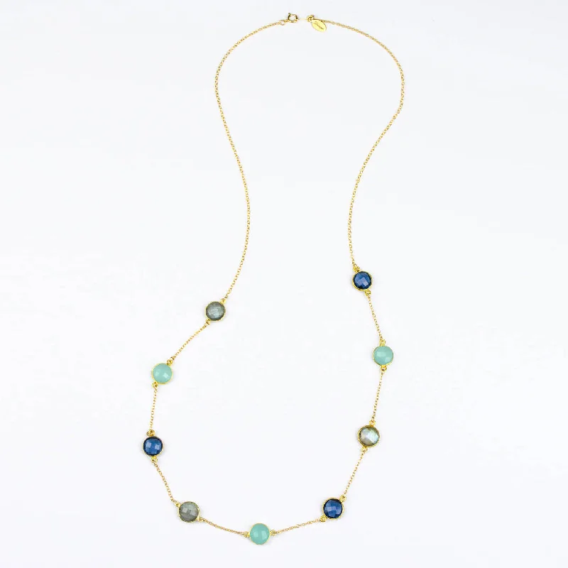 Ladies diamond pendant necklaces-Long Aqua Chalcedony, Labradorite, Kyanite bezel station necklace