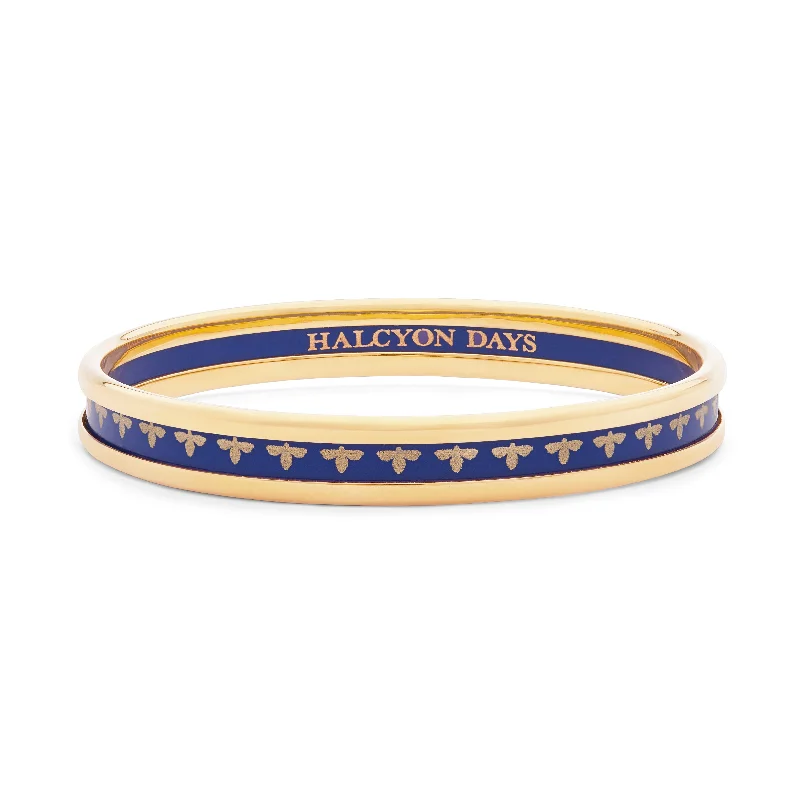 Ladies gold bracelets-Skinny Bee Deep Cobalt & Gold Enamel Bangle