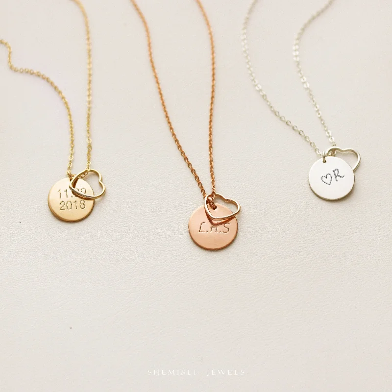 Ladies layered pendant necklaces-Initial Disc And Heart Necklace, Small Heart, Love Necklace, Gift For Her, Gift For Friends, Unisex, Gold Filled, Silver • NDV13WHT