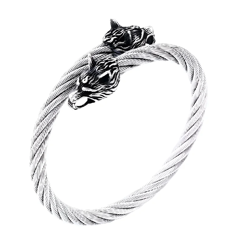 Ladies custom engraved bangles-Stainless Steel Wolf Wire Bangle