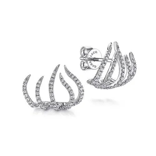 Ladies gold drop earrings-14K White Gold Diamond Tendril Stud Earrings