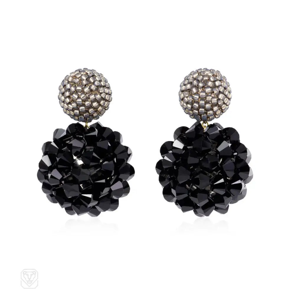 Ladies luxurious diamond earrings-Pearly grey and black crystal handmade double ball earrings