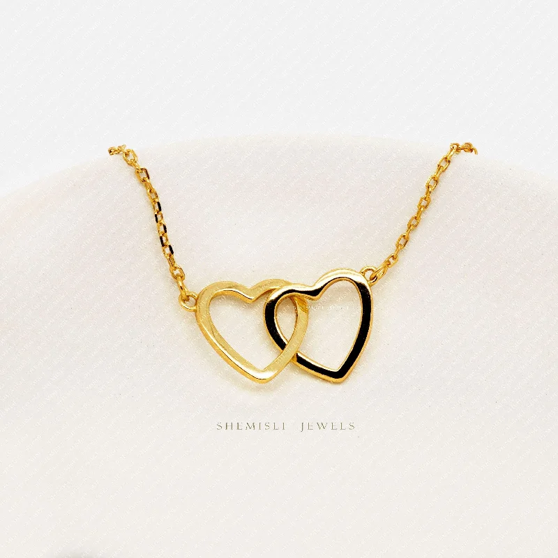 Ladies butterfly necklaces-Interlocking Two Hearts Necklace, Unisex, Gold, Silver  (16"+2") SHEMISLI - SN011