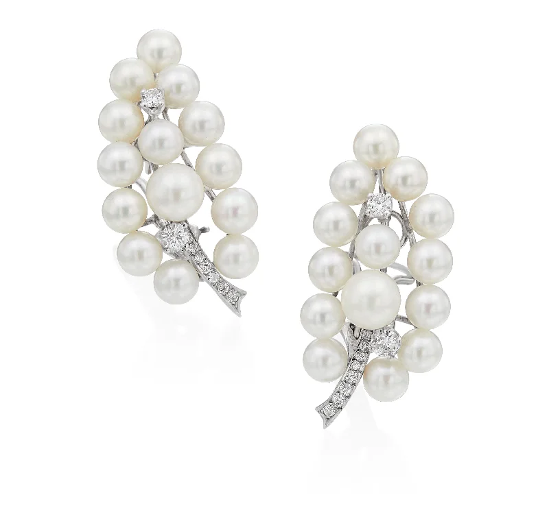 Ladies multi-colored earrings-Antique 18K White Gold Earrings Diamonds and Pearls