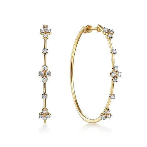 Ladies silver and pearl earrings-14K Yellow Gold Prong Set 40mm Round Classic Diamond Hoop Earrings