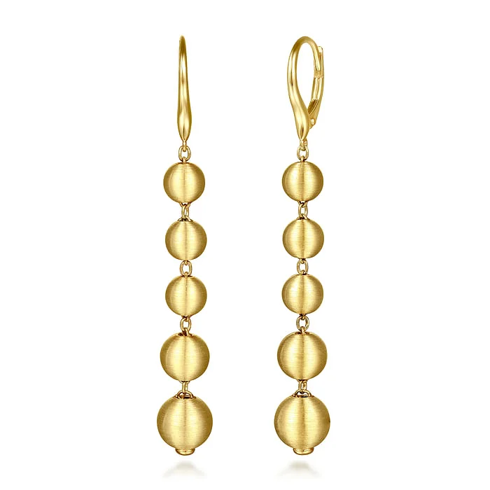 Ladies flower earrings-14K Yellow Gold Graduating Bujukan Beads Leverback Drop Earrings