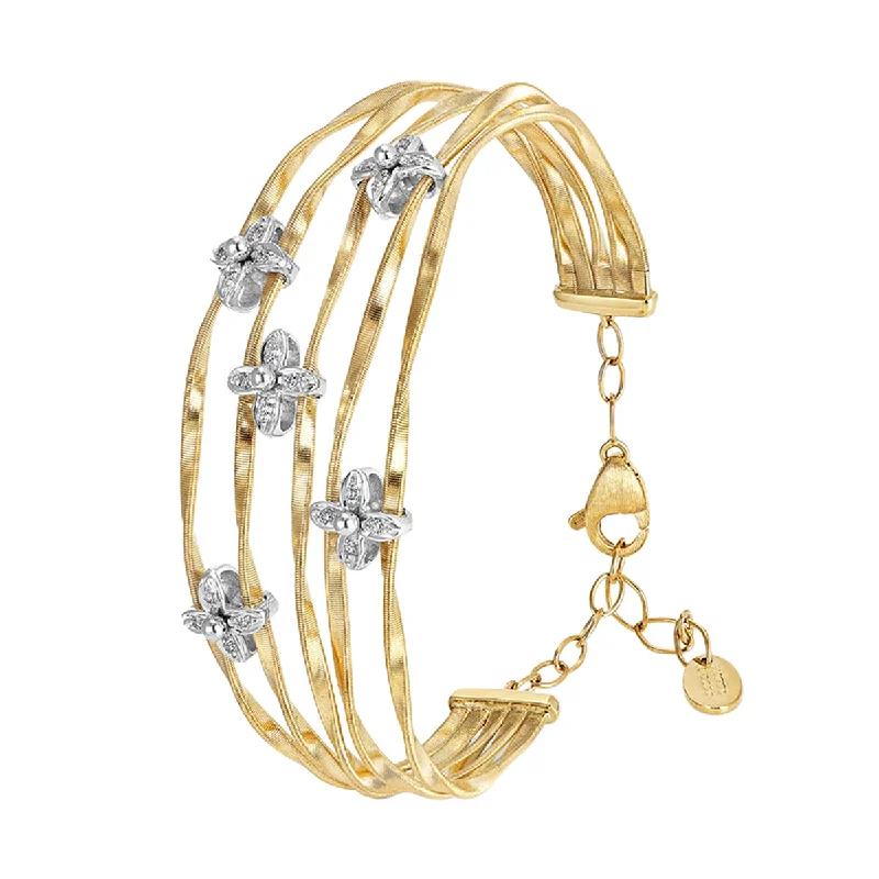 Ladies gold bangles-18K Yellow and White Gold Five Strand Bangle with Diamond Flowers