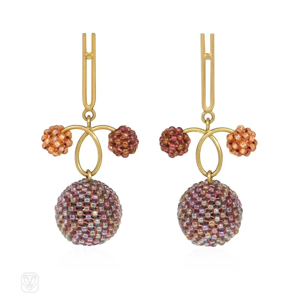 Ladies silver dangle earrings-Gold and glass beaded ball loop design earrings