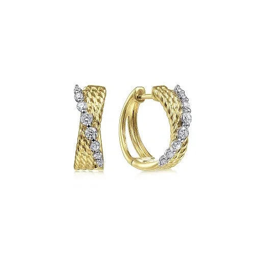 Ladies diamond hoop earrings-14K Yellow-White Gold Twisted 15mm Diamond Huggie Earrings