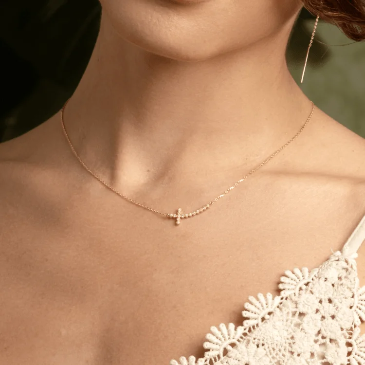 Ladies bar necklaces-Real Gold Luxury Stone Cross Necklace 0141 N1414