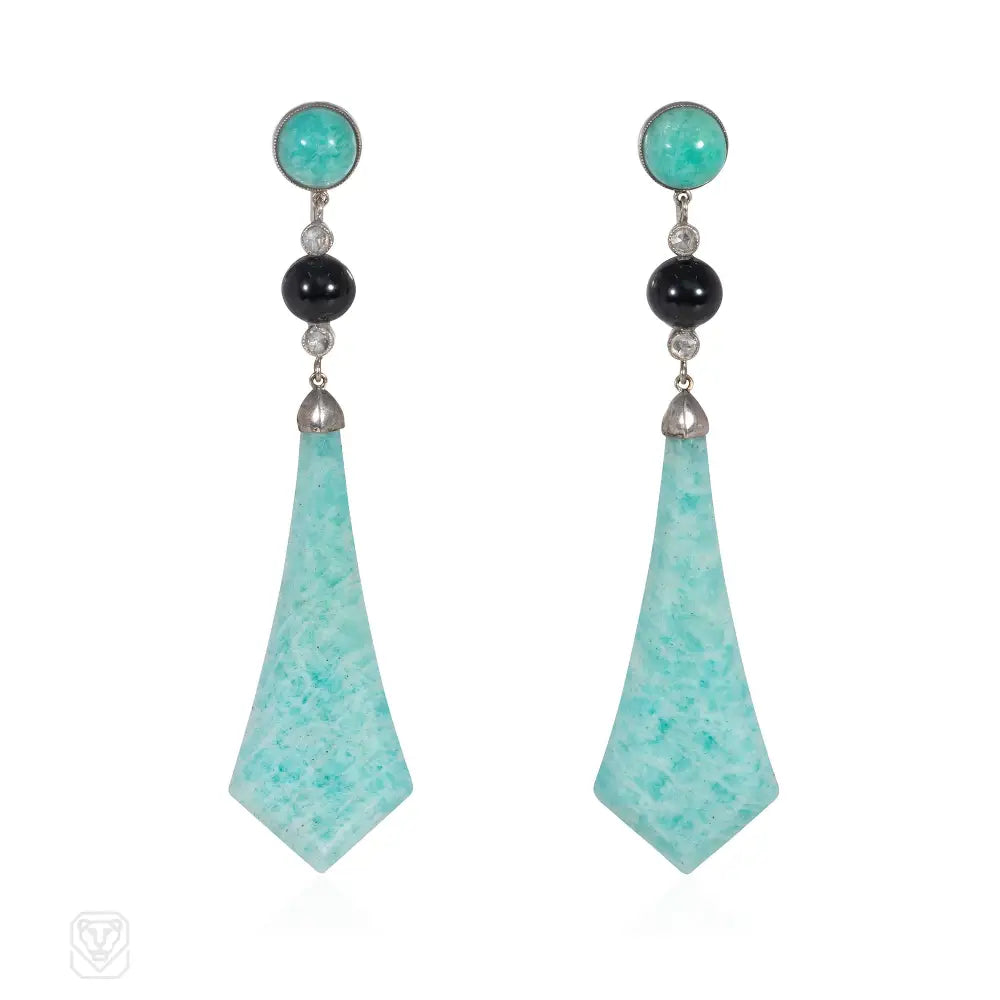 Ladies gemstone earrings-French Art Deco amazonite, onyx and diamond earrings