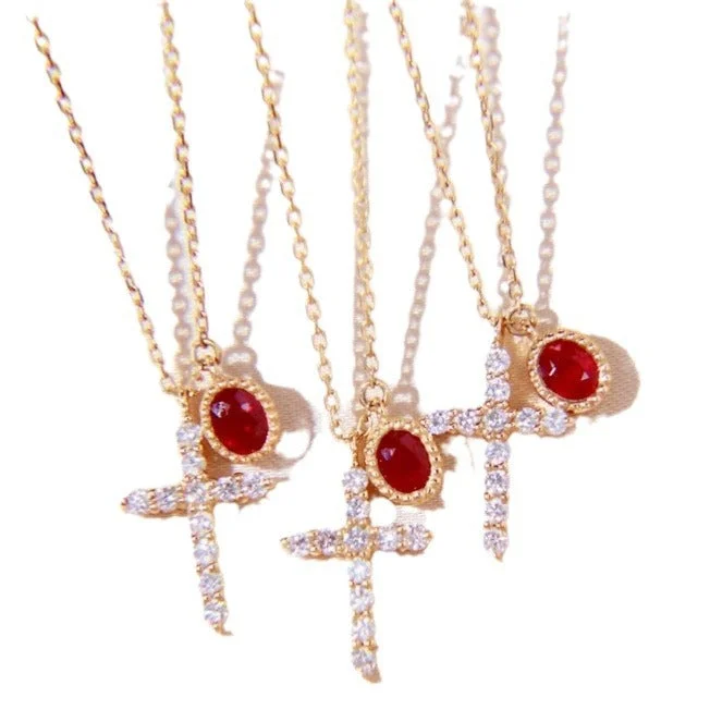 Ladies adjustable charm necklaces-18K Gold | Real Diamonds | Ruby | Cross Necklace