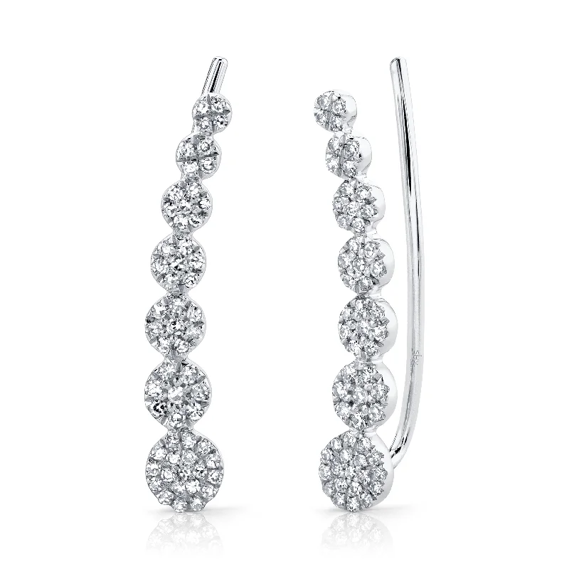 Ladies sterling silver drop earrings-14K White Gold Descending Pave Circle Earrings