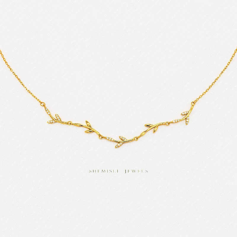 Ladies rope necklaces-Dainty Leaf CZ Links Necklace, Silver or Gold Plated  (16"+2") SHEMISLI - SN017