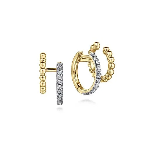 Ladies chunky earrings-14K Yellow Gold Twisted Pave 10mm Diamond Huggie Earrings