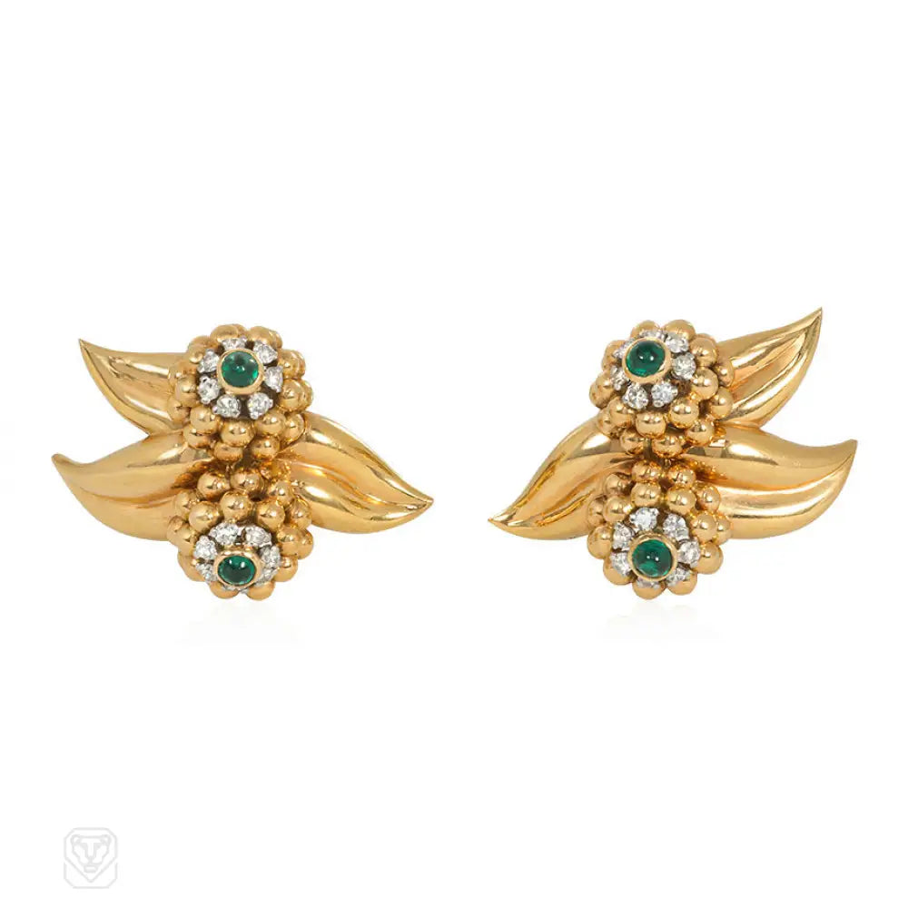 Ladies hanging earrings-Retro French gold, emerald, and diamond foliate motif earrings