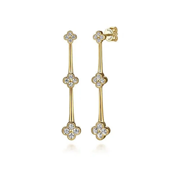 Ladies crystal chandelier earrings-14K Yellow Gold Graduating Diamond Cluster Stud Drop Earrings