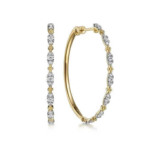 Ladies heart-shaped drop earrings-14K Yellow Gold 40mm Diamond Station Intricate Hoop Earrings