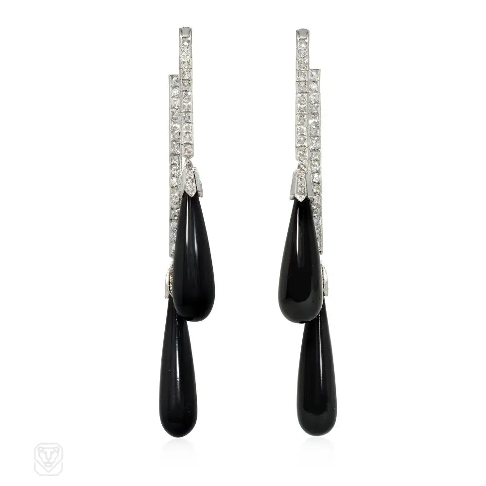 Ladies stud earrings with gemstones-Tiffany & Co. Art Deco onyx and diamond earrings