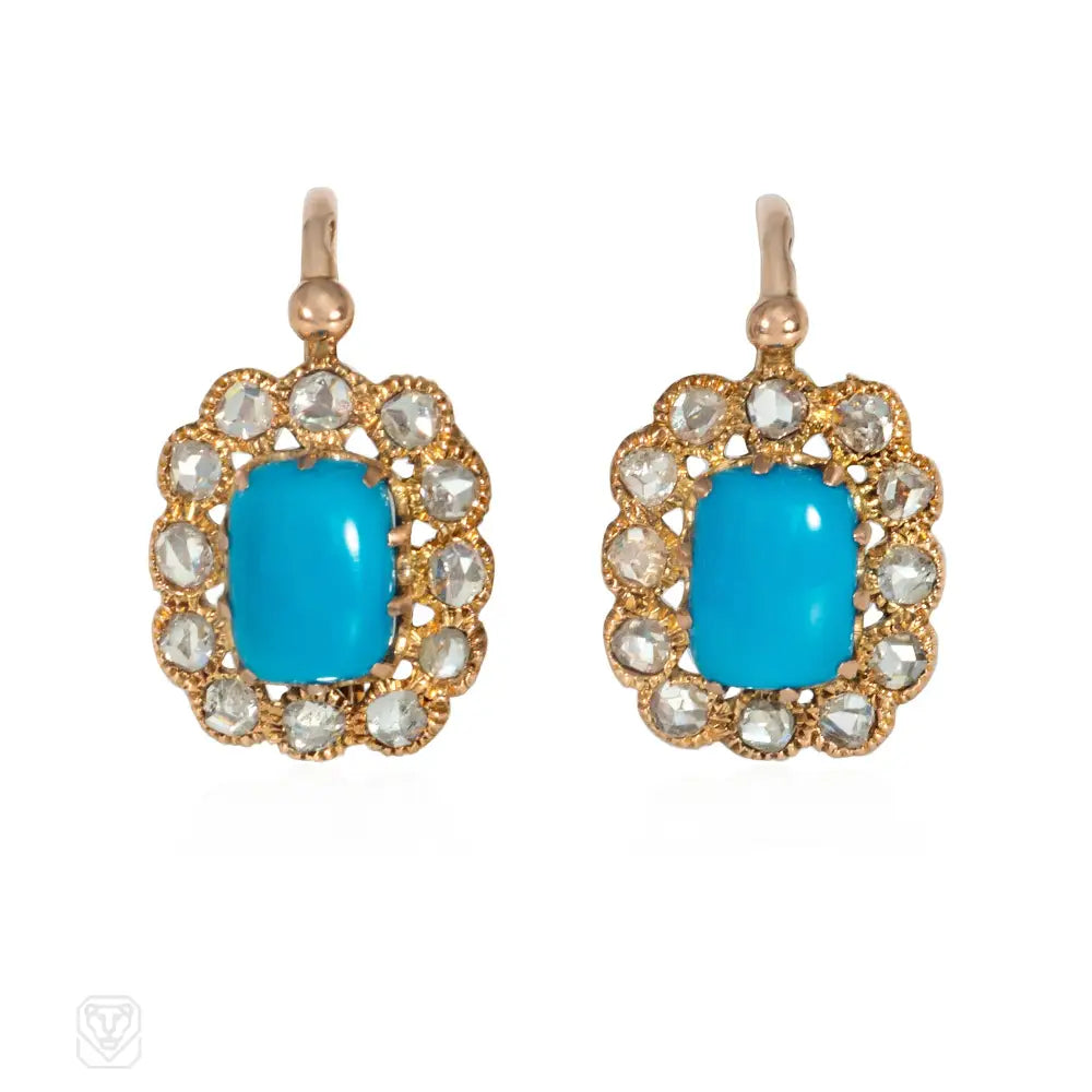 Ladies flower earrings-French antique turquoise and diamond cluster earrings